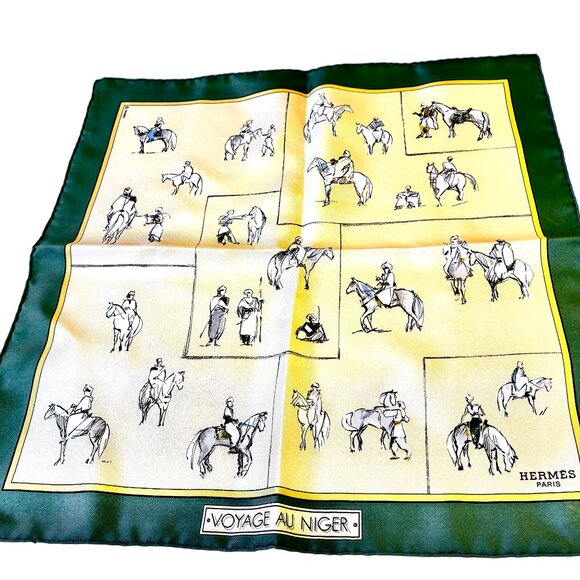 HERMES Paris Silk Scarf Equestrian Horse & Rider VOYAGE AU NIGER Green New 16" - Picture 2 of 16